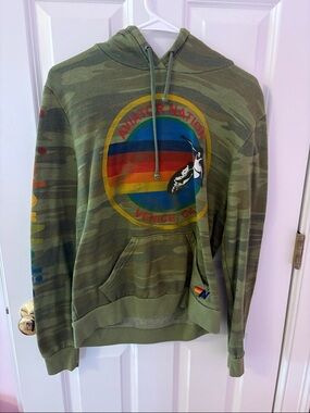 Aviator Nation Olive Camo Hoodie with Rainbow Chest Logo
